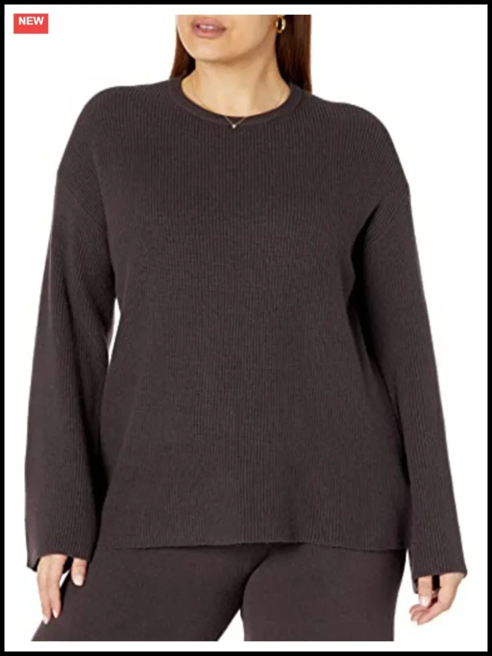 Ribbed Pullover Sweater, Bell Sleeve, Crew Neck, Side Slit
